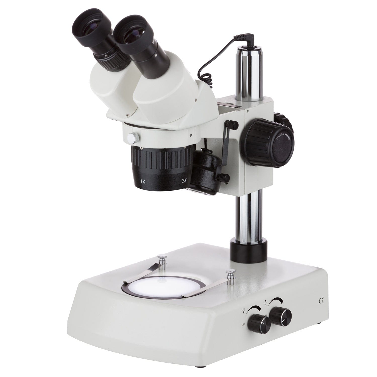 Amscope 10X-30X Multi-Power Pillar Stand Stereo Microscope with Top & Bottom LED Lights New, White