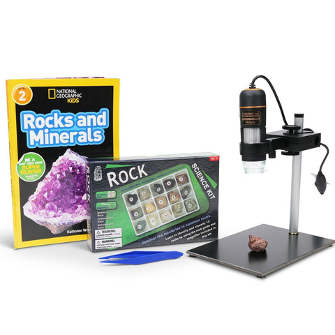 IQCREW by Amscope Kid's 10X-200X 0.3MP Handheld USB Digital Microscope with Look and Learn Rock and Mineral Collecting Activity Kit