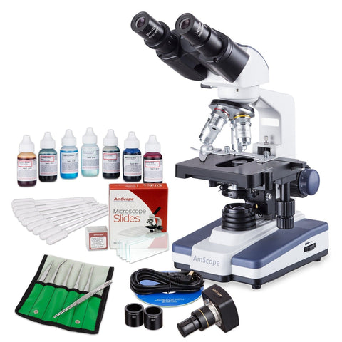 40X-2500X LED Binocular Compound Microscope with 3D Stage, 5MP Digital Camera and Vital Stain Kit for Living Cells