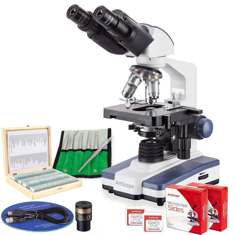 40X-2500X LED Binocular Compound Microscope with 3D Stage, 1MP Digital Camera, 6-Piece Precision Tweezers Set and 100-Piece Prepared Microscope Slide Set