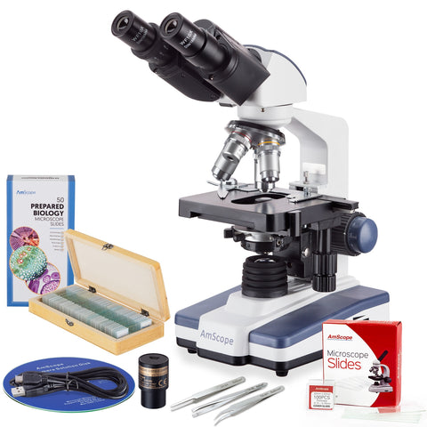 40X-2500X LED Binocular Compound Microscope with 3D Stage, 5MP Digital Camera, 50-Piece Prepared Slides Set, and 3-Piece Precision Tweezers Set