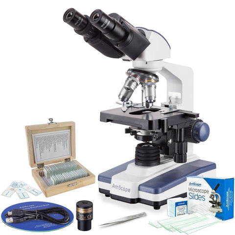 40X-2500X LED Binocular Compound Microscope with 3D Stage, 1MP Digital Camera, 25-Piece Prepared Slides Set, and Precision Tweezers