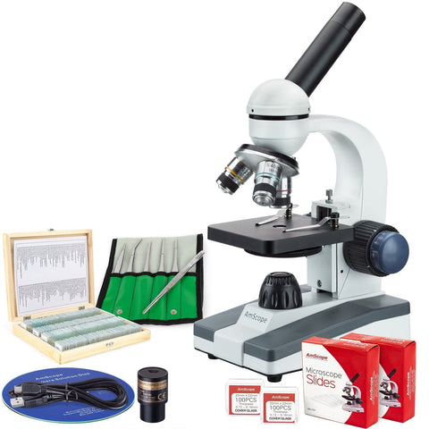 40X-1000X Portable LED Monocular Student Microscope with 1MP Digital Camera, 6-Piece Precision Tweezers Set and 100-Piece Prepared Microscope Slide Set