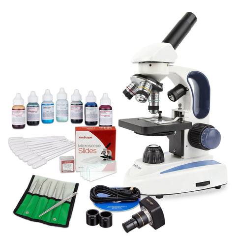 40X-1000X Cordless LED Metal Frame Microscope with Course and Fine Focus, 5MP Digital Camera and Vital Stain Kit for Living Cells