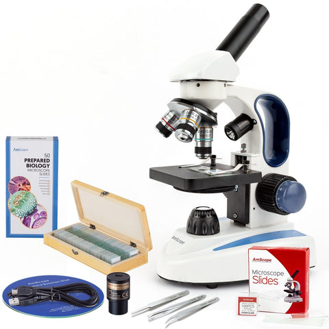 40X-1000X Cordless LED Metal Frame Microscope with Course and Fine Focus, 5MP Digital Camera, 50-Piece Prepared Slides Set, and 3-Piece Precision Tweezers Set