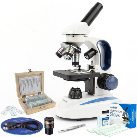 40X-1000X Cordless LED Metal Frame Microscope with Course and Fine Focus, 1MP Digital Camera, 25-Piece Prepared Slides Set, and Precision Tweezers