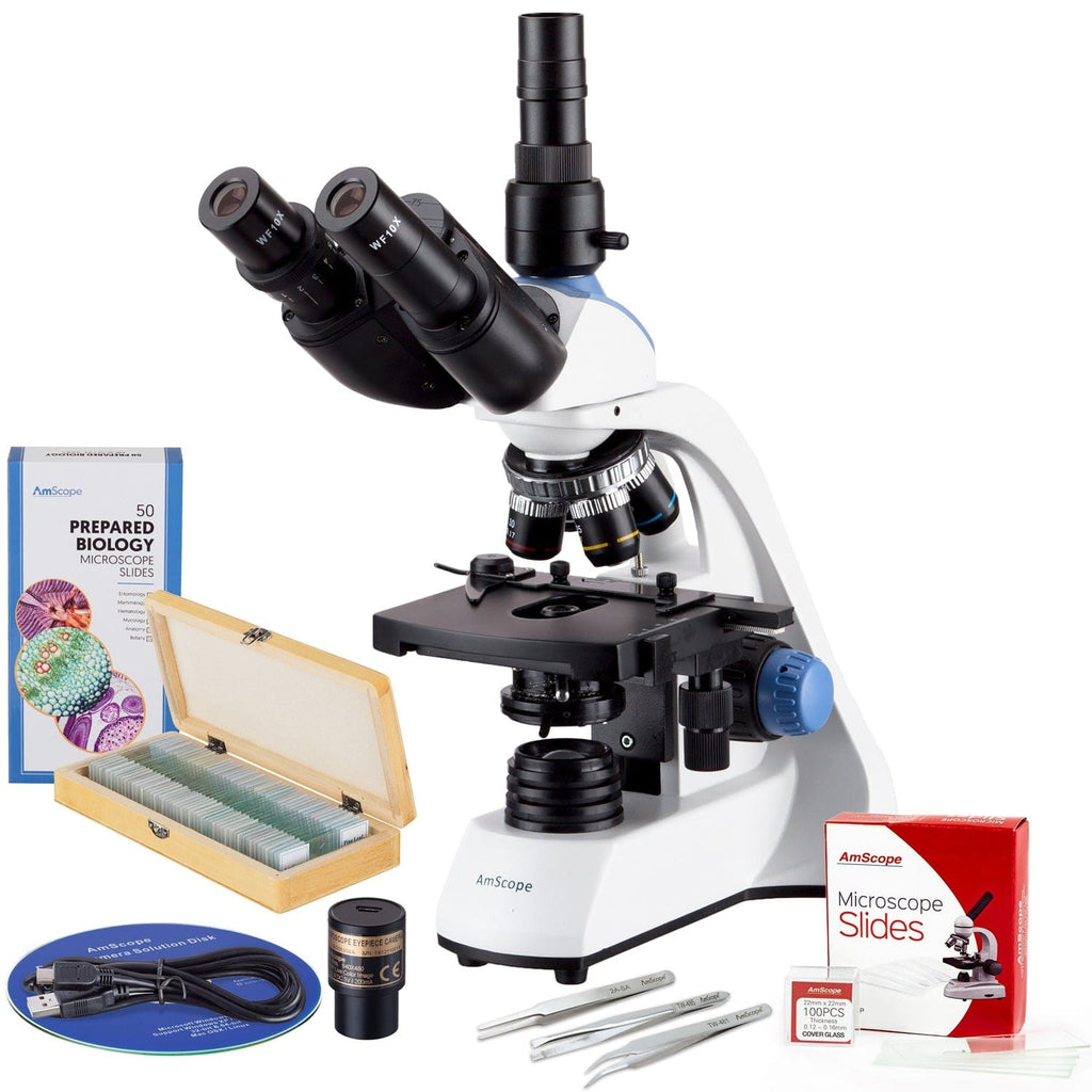 40X-2500X LED Trinocular Compound Microscope with 3D Two-Layer Mechanical Stage, 5MP Digital Camera, 50-Piece Prepared Slides Set, and 3-Piece Precision Tweezers Set