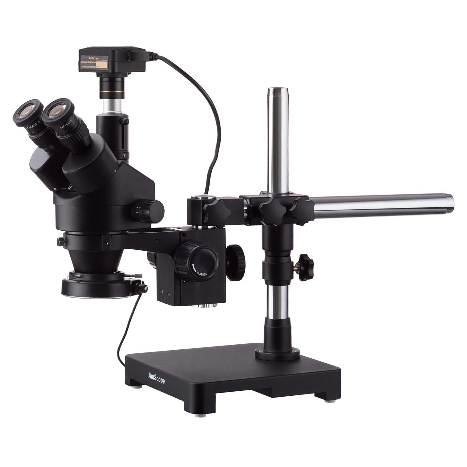 AmScope SM-3 Series Zoom Black Trinocular Stereo Microscope 7X-90X  Magnification on Single Arm Boom Stand + 144 LED Compact Ring-light with  18MP 